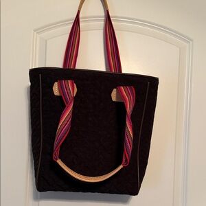 Consuela Quilted Black Tote with Multicolor Straps